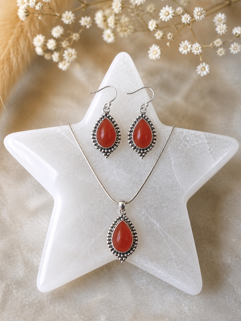 Carnelian 925 Sterling Silver Earrings & Pendant Set